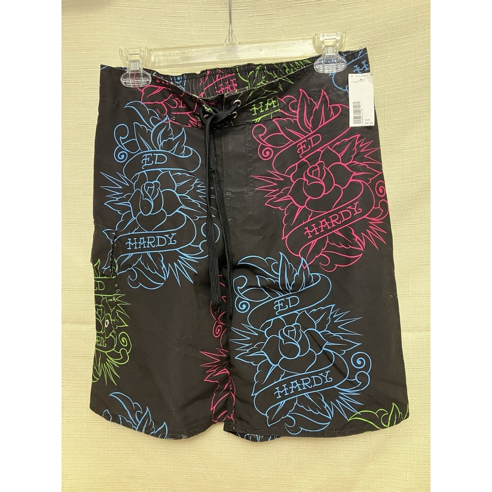 NWT Ed Hardy Designs Men's Size Small Roses Black Graphic Design Board Shorts